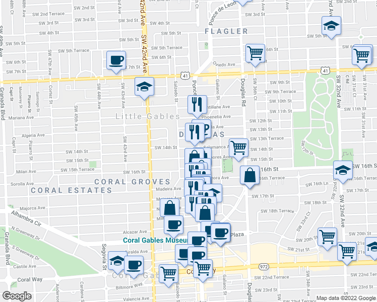 map of restaurants, bars, coffee shops, grocery stores, and more near 1500 Ponce de Leon in Coral Gables