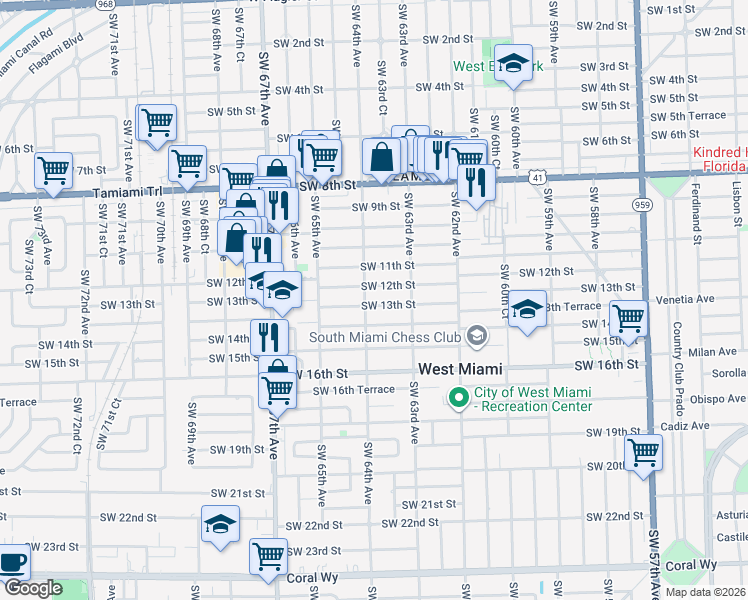 map of restaurants, bars, coffee shops, grocery stores, and more near 1351 Southwest 64th Avenue in West Miami