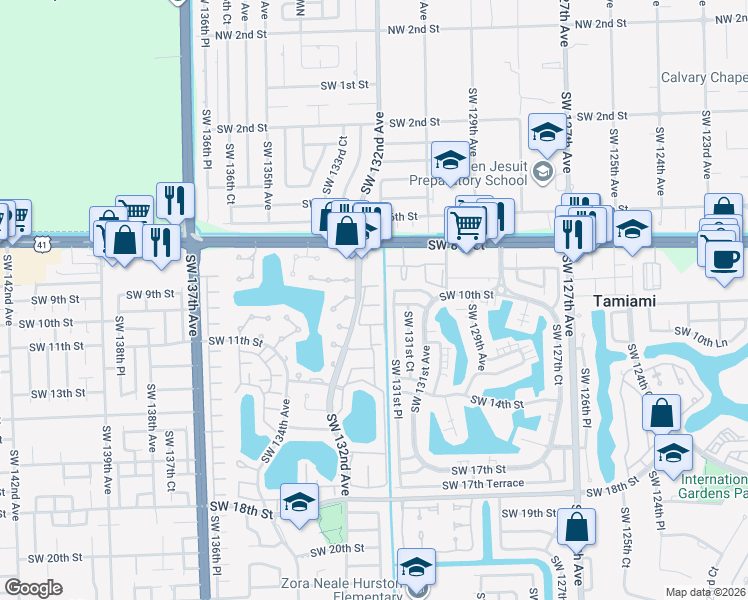 map of restaurants, bars, coffee shops, grocery stores, and more near 13175 Southwest 10th Terrace Drive in Miami