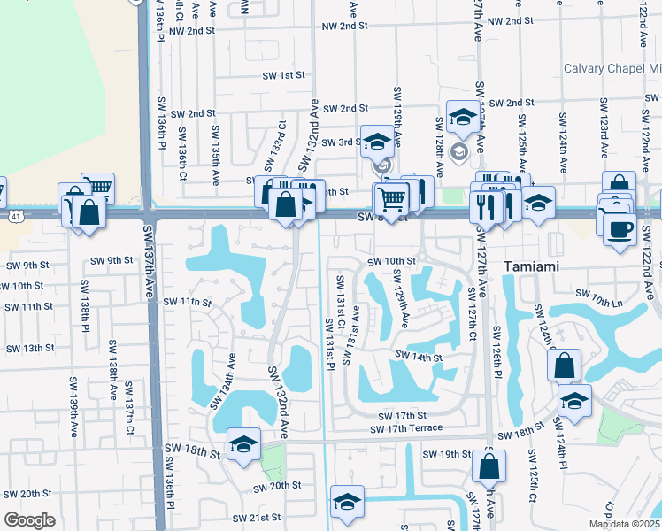 map of restaurants, bars, coffee shops, grocery stores, and more near 1105 Southwest 131st Court in Miami