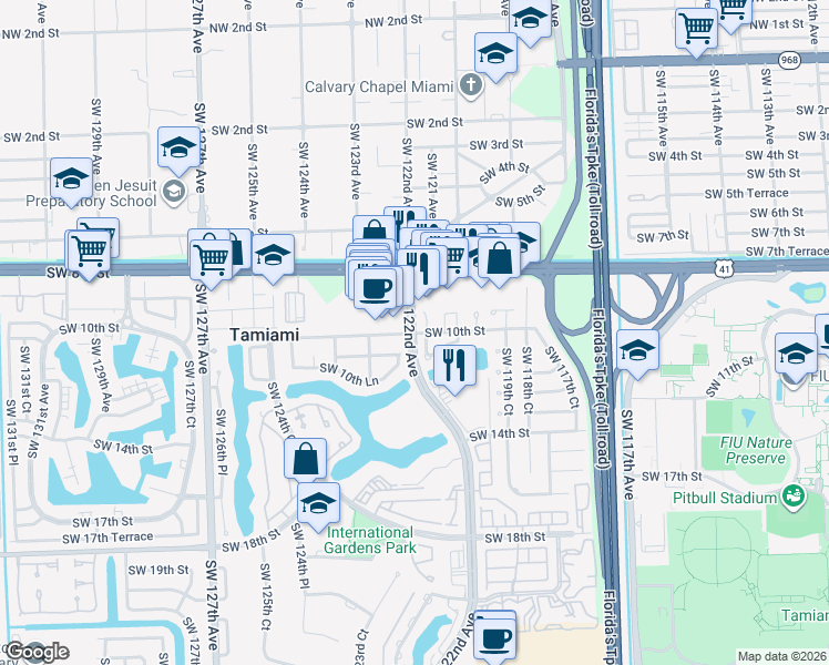 map of restaurants, bars, coffee shops, grocery stores, and more near 999 Southwest 122nd Avenue in Miami