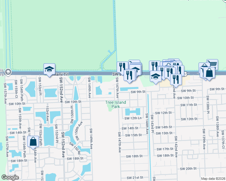 map of restaurants, bars, coffee shops, grocery stores, and more near 901 Southwest 147th Court in Miami