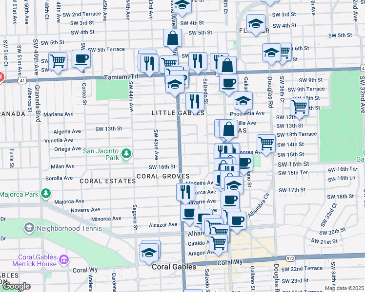 map of restaurants, bars, coffee shops, grocery stores, and more near 1401 Southwest 42nd Avenue in Miami