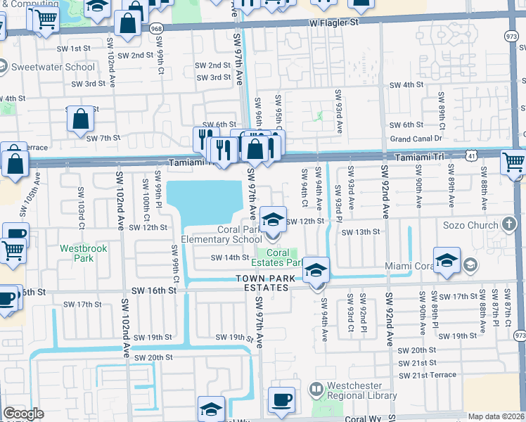 map of restaurants, bars, coffee shops, grocery stores, and more near 9645 Southwest 10th Terrace in Miami