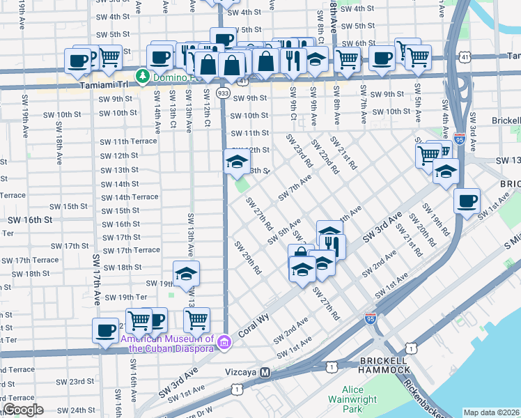 map of restaurants, bars, coffee shops, grocery stores, and more near 801 Southwest 27th Road in Miami