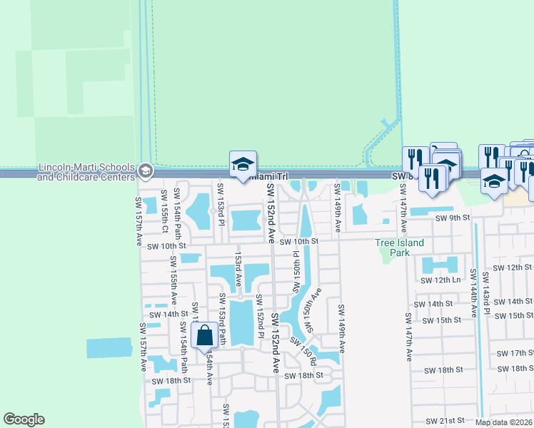 map of restaurants, bars, coffee shops, grocery stores, and more near 882 Southwest 151 Place in Miami