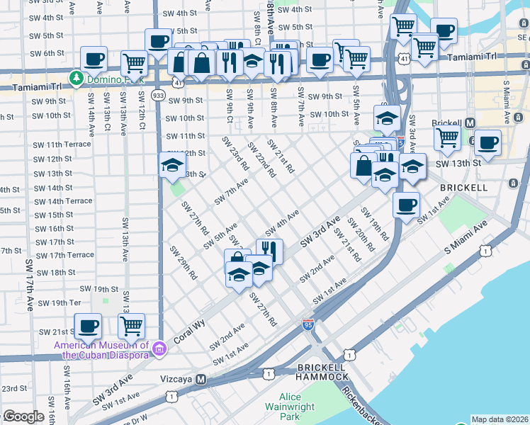 map of restaurants, bars, coffee shops, grocery stores, and more near 500 Southwest 23rd Road in Miami