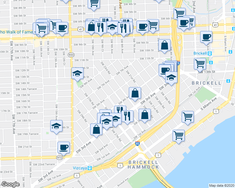 map of restaurants, bars, coffee shops, grocery stores, and more near 500 Southwest 23rd Road in Miami