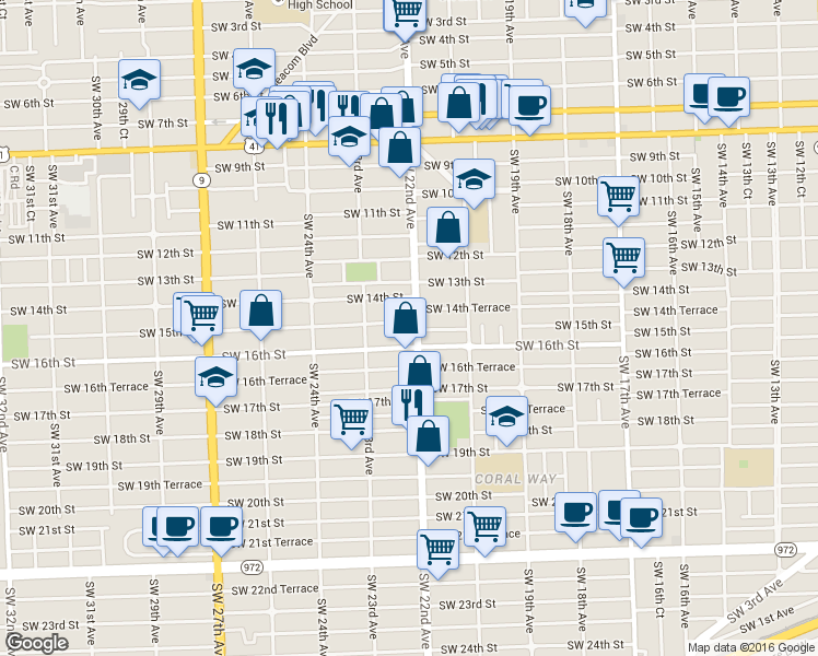 map of restaurants, bars, coffee shops, grocery stores, and more near 1434 Southwest 22nd Avenue in Miami