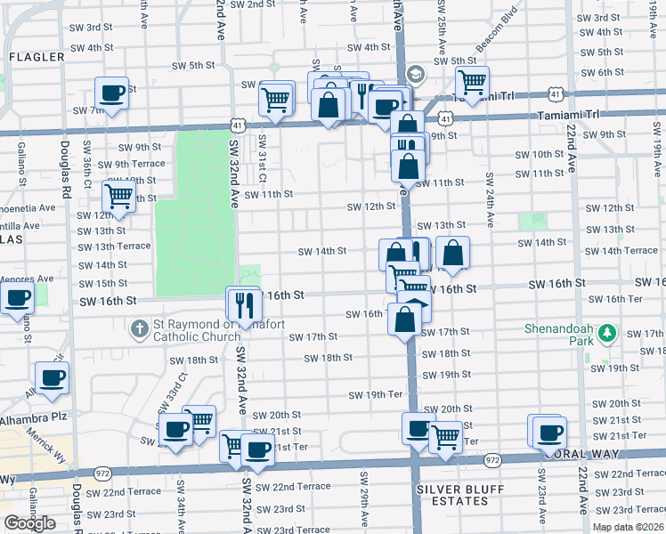 map of restaurants, bars, coffee shops, grocery stores, and more near 2999 Southwest 14th Street in Miami