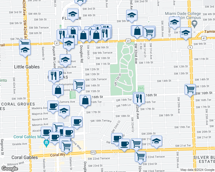 map of restaurants, bars, coffee shops, grocery stores, and more near 3430 Southwest 13th Terrace in Miami