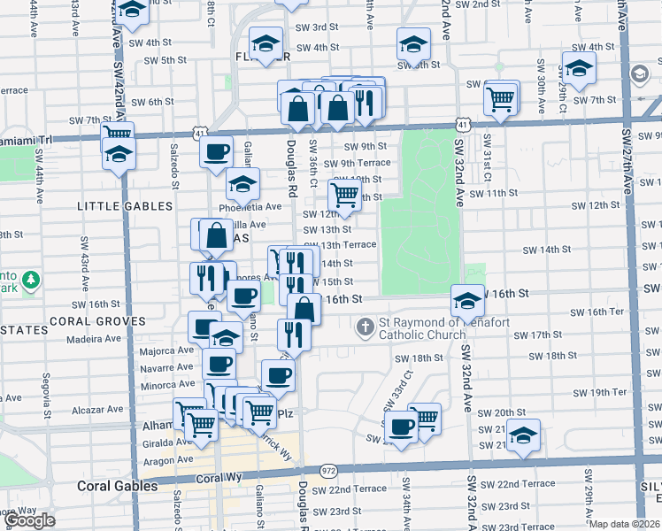 map of restaurants, bars, coffee shops, grocery stores, and more near 1350 Southwest 36th Avenue in Miami