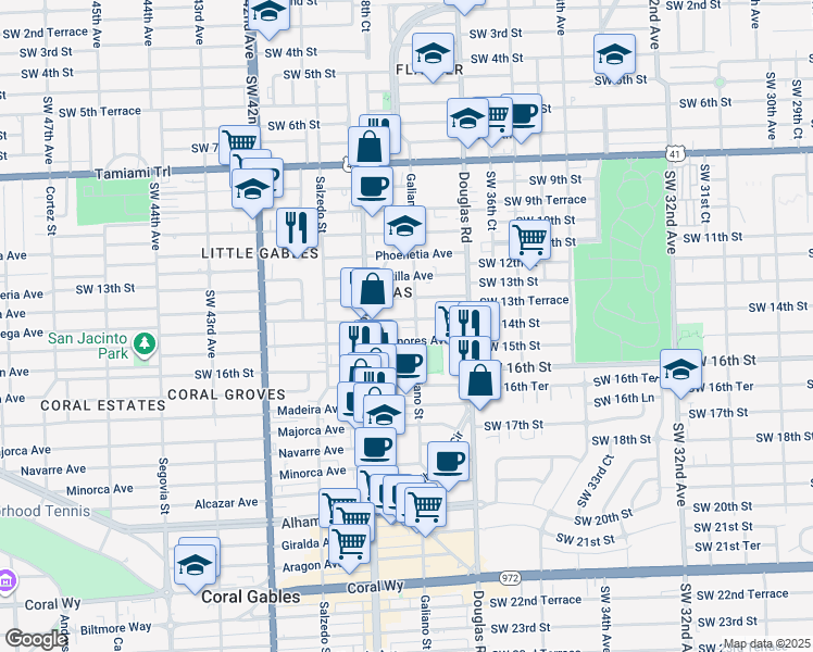 map of restaurants, bars, coffee shops, grocery stores, and more near in Coral Gables
