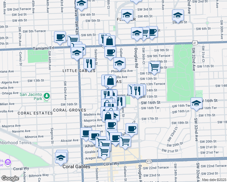 map of restaurants, bars, coffee shops, grocery stores, and more near 12-20 Sidonia Avenue in Coral Gables