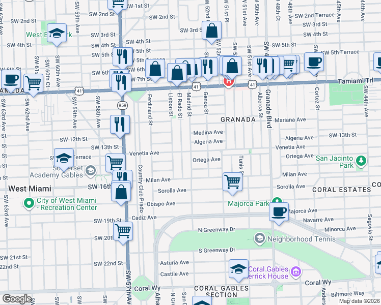 map of restaurants, bars, coffee shops, grocery stores, and more near 1256 Algeria Avenue in Coral Gables