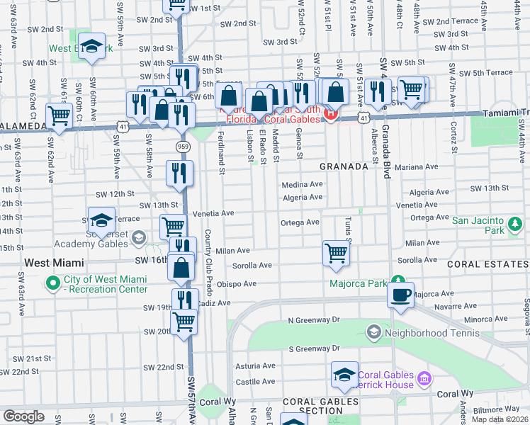 map of restaurants, bars, coffee shops, grocery stores, and more near 1222 El Rado Street in Coral Gables