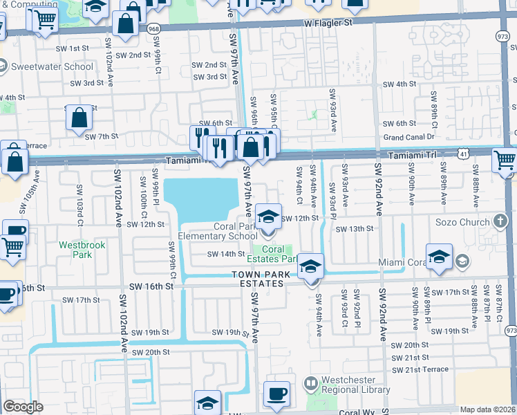 map of restaurants, bars, coffee shops, grocery stores, and more near 9645 Southwest 10th Terrace in Miami