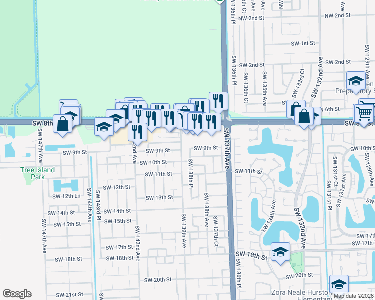map of restaurants, bars, coffee shops, grocery stores, and more near 13901 Southwest 8th Terrace in Miami