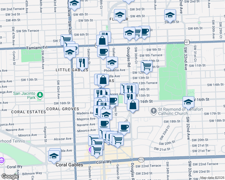 map of restaurants, bars, coffee shops, grocery stores, and more near 110 Salamanca Avenue in Coral Gables
