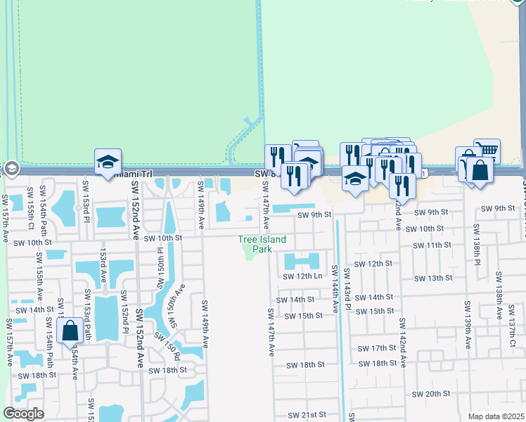 map of restaurants, bars, coffee shops, grocery stores, and more near 901 Southwest 147th Court in Miami