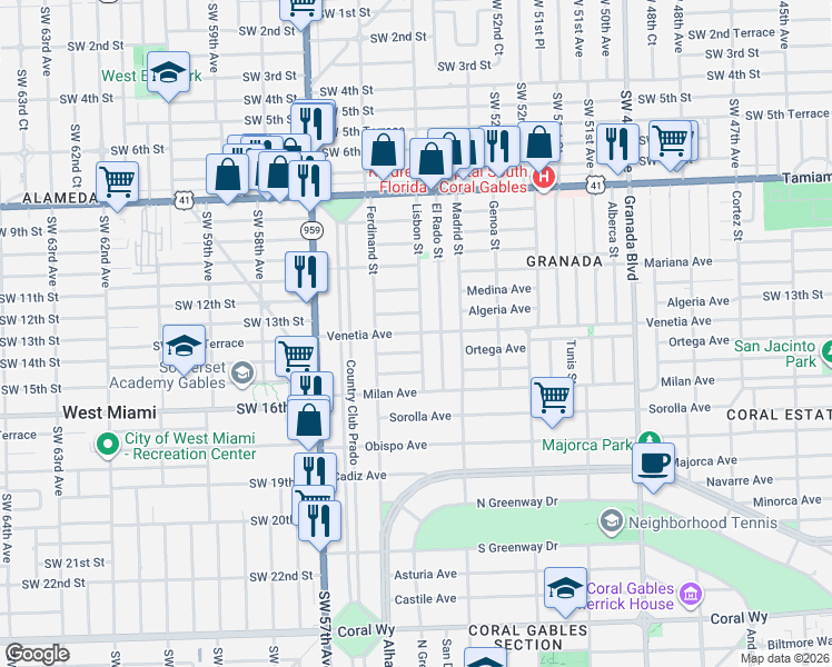 map of restaurants, bars, coffee shops, grocery stores, and more near 1420 Algeria Avenue in Coral Gables