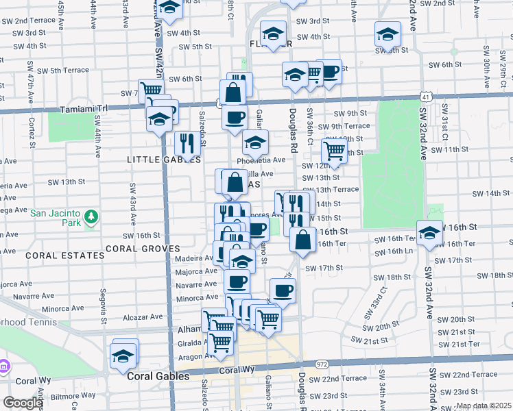 map of restaurants, bars, coffee shops, grocery stores, and more near 110 Sidonia Avenue in Coral Gables