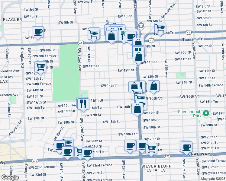 map of restaurants, bars, coffee shops, grocery stores, and more near 2999 Southwest 14th Street in Miami