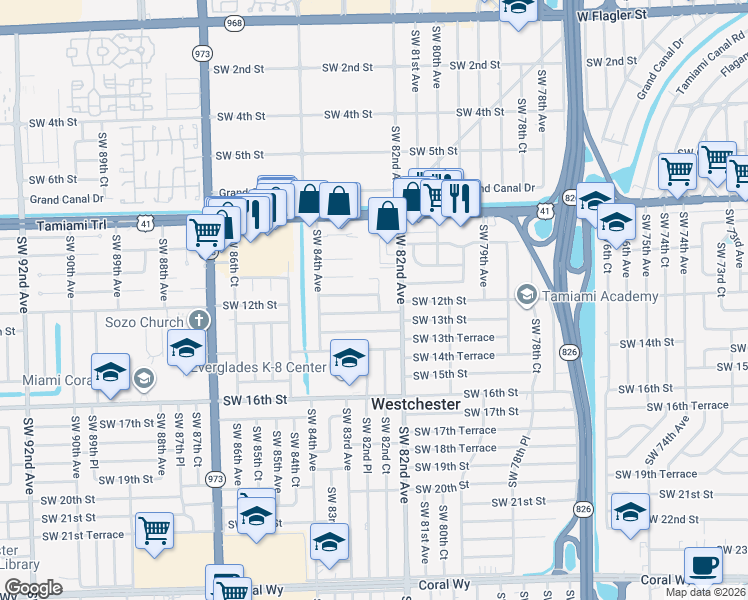 map of restaurants, bars, coffee shops, grocery stores, and more near 8246 Southwest 10th Terrace in Miami