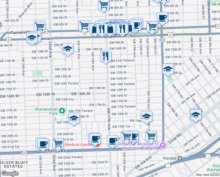 map of restaurants, bars, coffee shops, grocery stores, and more near 1651 Southwest 14th Terrace in Miami
