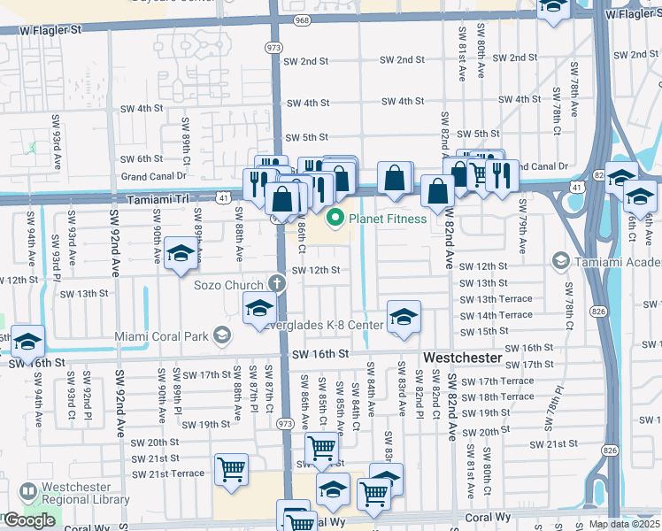 map of restaurants, bars, coffee shops, grocery stores, and more near 1039 Southwest 85th Court in Miami