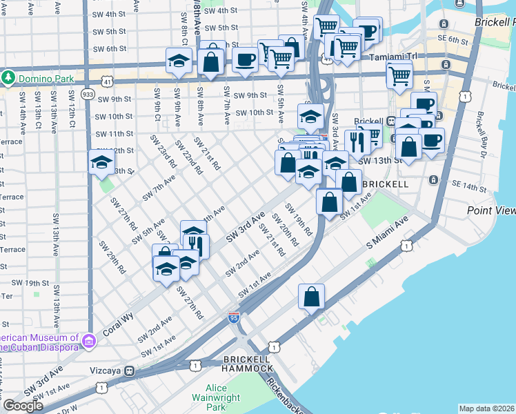 map of restaurants, bars, coffee shops, grocery stores, and more near 321 Southwest 20th Road in Miami