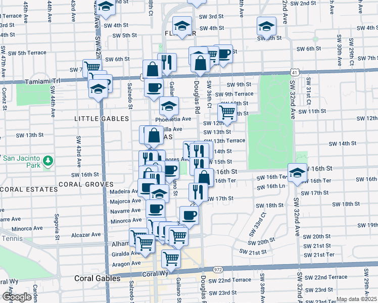 map of restaurants, bars, coffee shops, grocery stores, and more near 22 Salamanca Avenue in Coral Gables