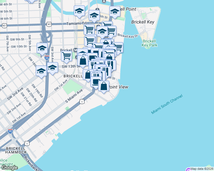map of restaurants, bars, coffee shops, grocery stores, and more near 1401 Brickell Avenue in Miami
