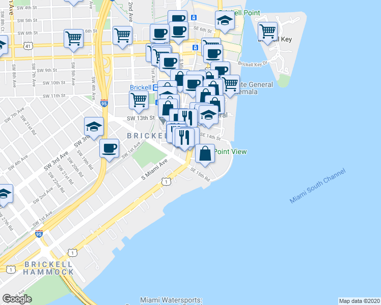 map of restaurants, bars, coffee shops, grocery stores, and more near 1428 Brickell Avenue in Miami