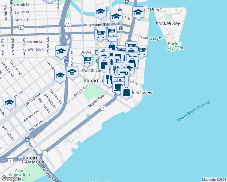 map of restaurants, bars, coffee shops, grocery stores, and more near 1428 Brickell Avenue in Miami