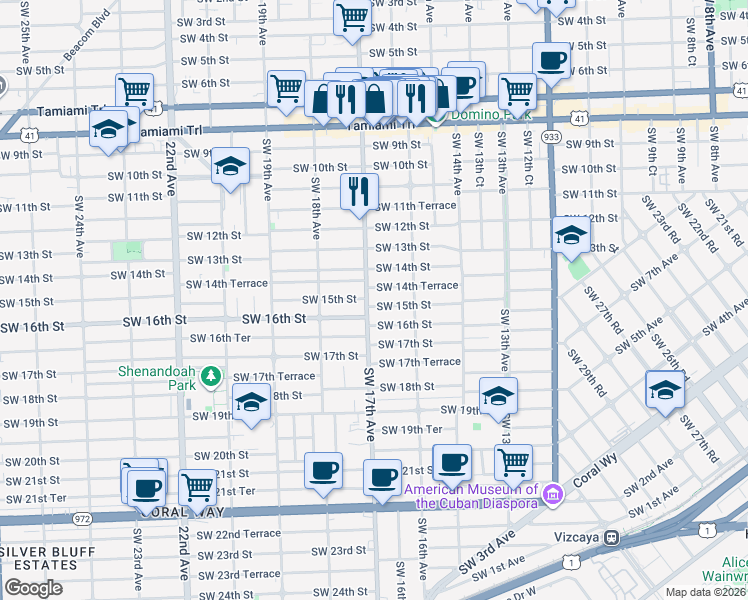 map of restaurants, bars, coffee shops, grocery stores, and more near 1651 Southwest 14th Terrace in Miami