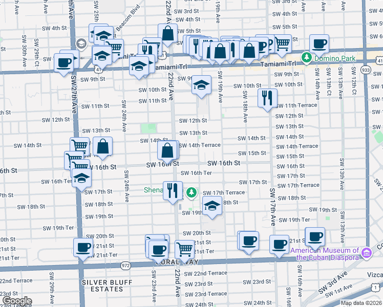 map of restaurants, bars, coffee shops, grocery stores, and more near 2122 Southwest 14th Terrace in Miami