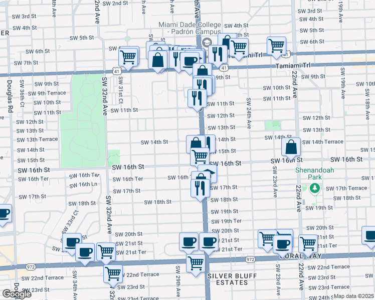 map of restaurants, bars, coffee shops, grocery stores, and more near 2730 Southwest 14th Street in Miami