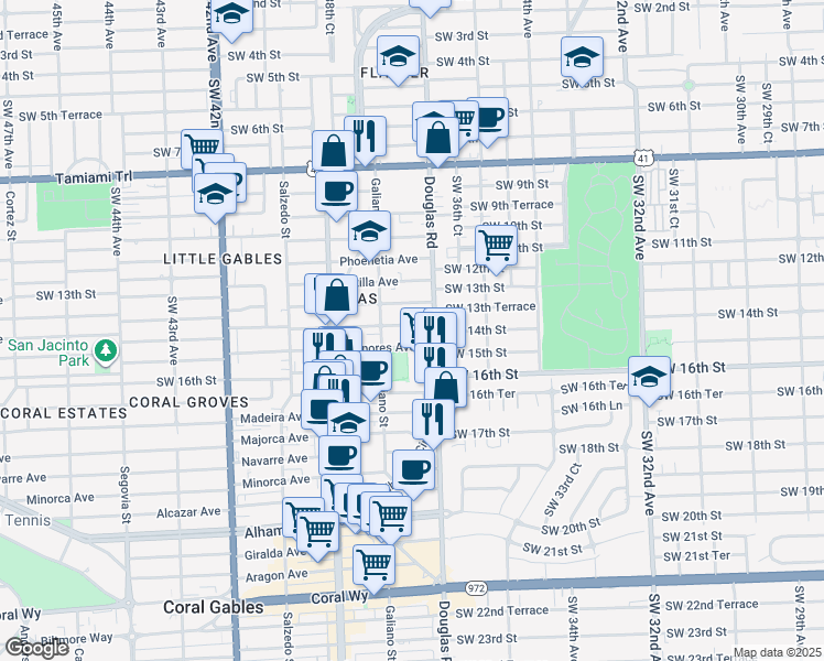 map of restaurants, bars, coffee shops, grocery stores, and more near 24 Sidonia Avenue in Coral Gables