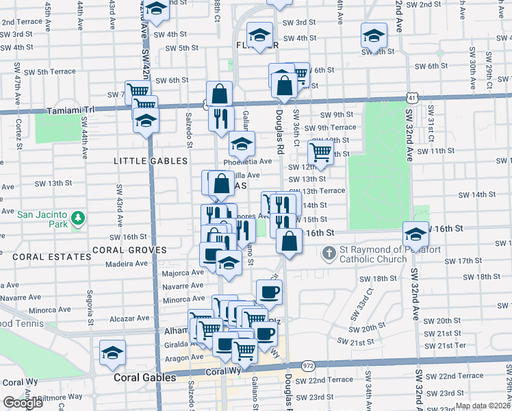 map of restaurants, bars, coffee shops, grocery stores, and more near 24 Sidonia Avenue in Coral Gables
