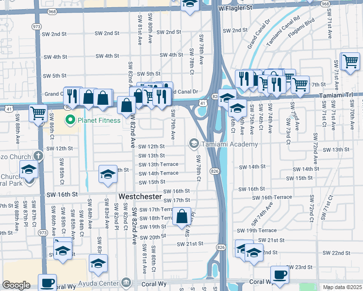map of restaurants, bars, coffee shops, grocery stores, and more near 1184 Southwest 78th Place in Miami