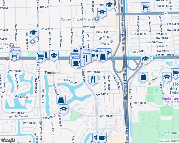 map of restaurants, bars, coffee shops, grocery stores, and more near 12063 Southwest 10th Street in Miami