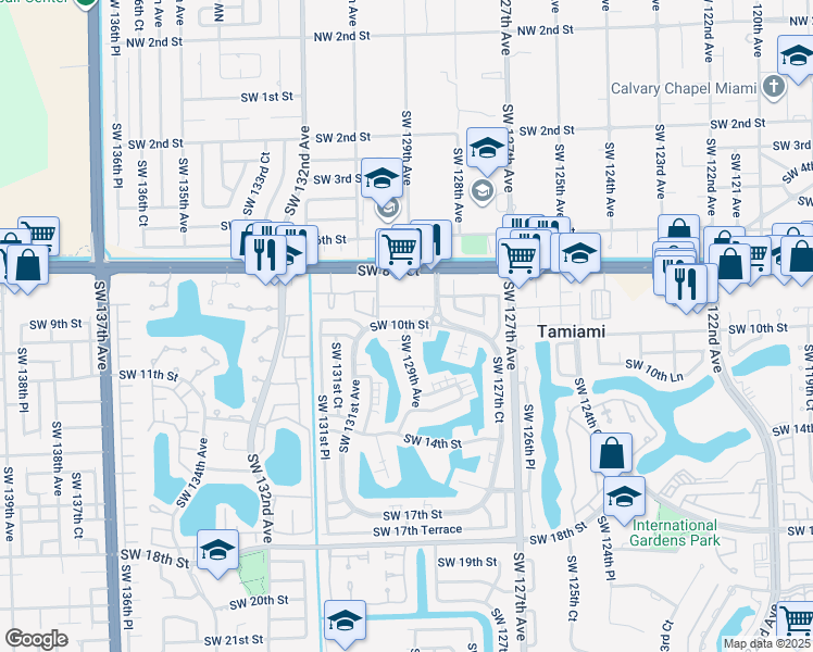 map of restaurants, bars, coffee shops, grocery stores, and more near 12816 Southwest 8th Street in Miami