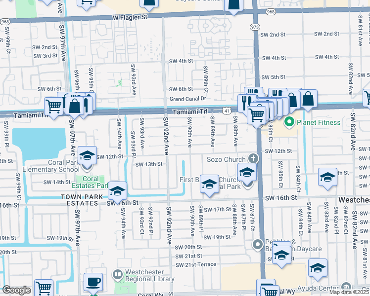 map of restaurants, bars, coffee shops, grocery stores, and more near 9010 Southwest 11th Street in Miami