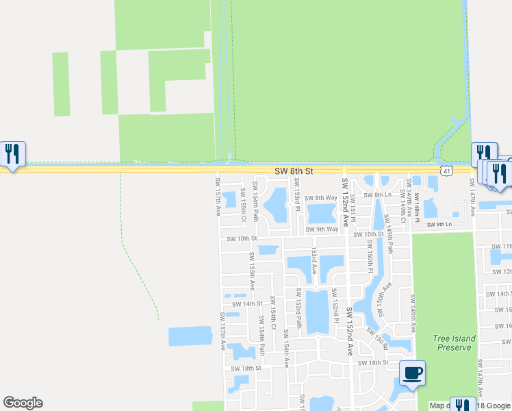 map of restaurants, bars, coffee shops, grocery stores, and more near 933 Southwest 154th Court in Miami