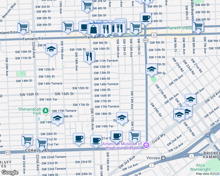 map of restaurants, bars, coffee shops, grocery stores, and more near 1545 Southwest 14th Terrace in Miami