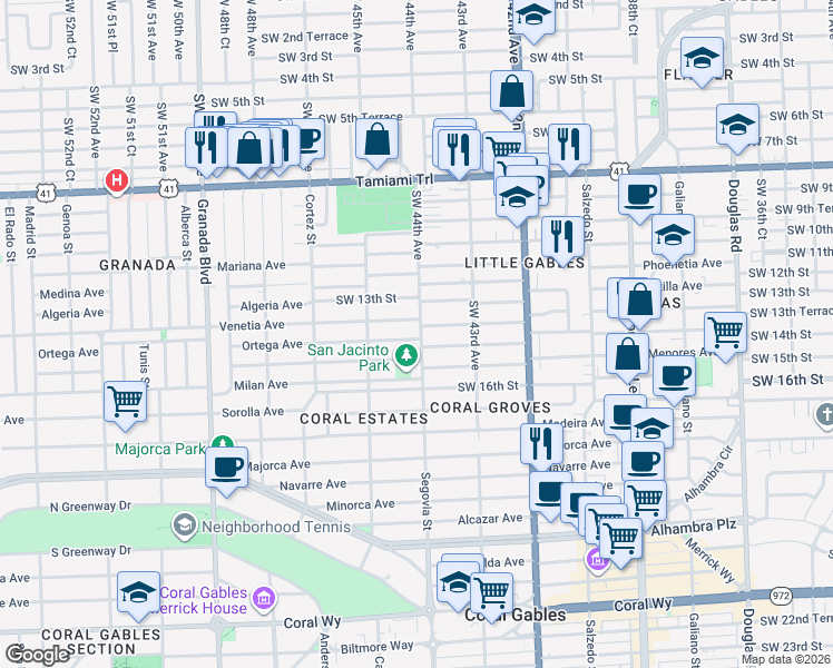map of restaurants, bars, coffee shops, grocery stores, and more near 4441 Southwest 13th Terrace in Miami