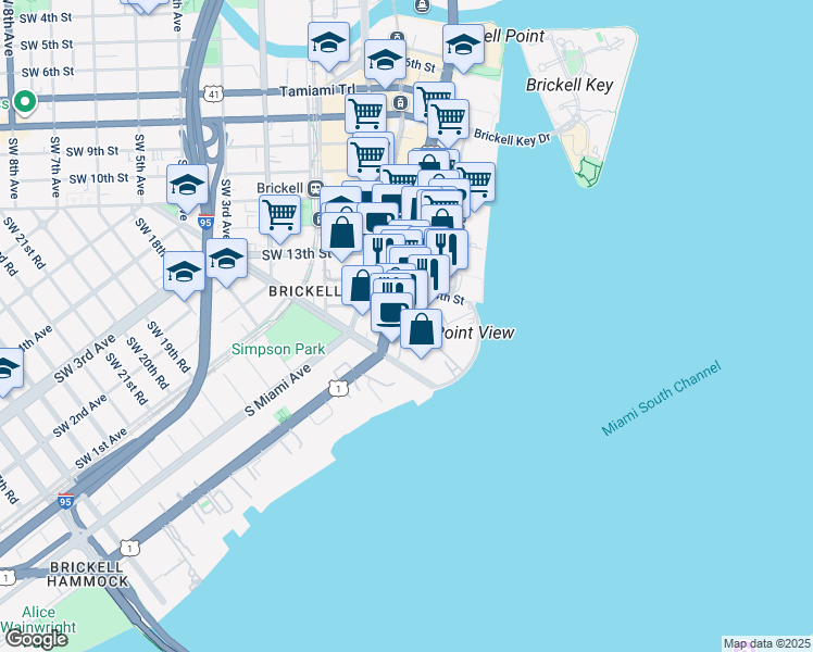 map of restaurants, bars, coffee shops, grocery stores, and more near 1401 Brickell Avenue in Miami