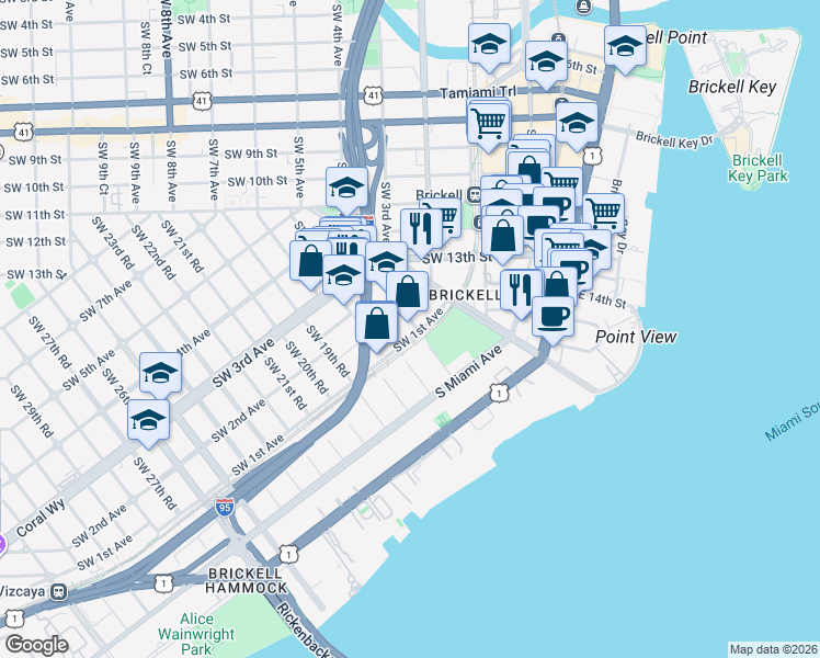 map of restaurants, bars, coffee shops, grocery stores, and more near 1600 Southwest 1st Avenue in Miami