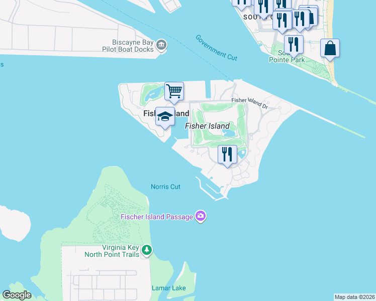 map of restaurants, bars, coffee shops, grocery stores, and more near 2437 Fisher Island Drive in Miami Beach